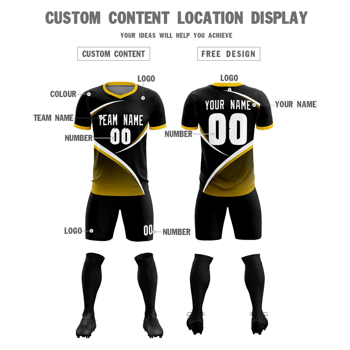 Custom Black Gold Color Block Training Uniform For Men Soccer Sets Jersey