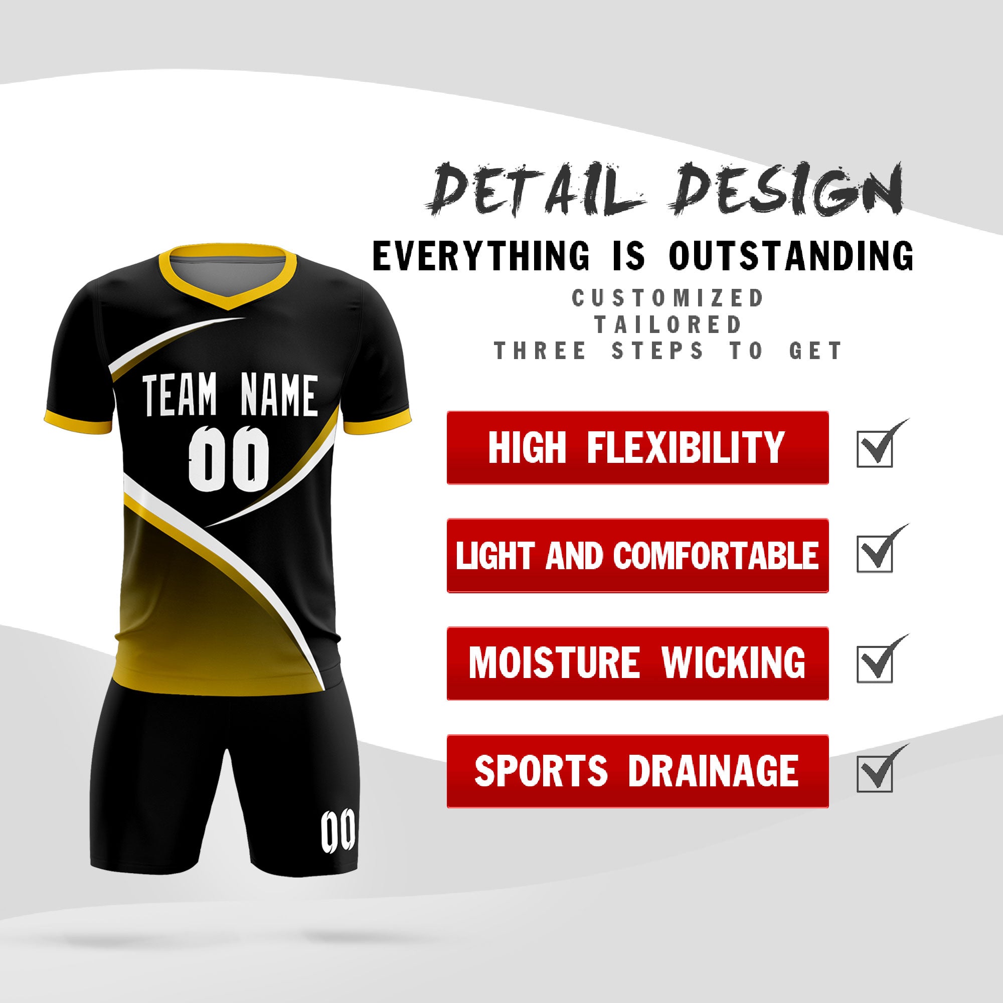 Custom Black Gold Color Block Training Uniform For Men Soccer Sets Jersey
