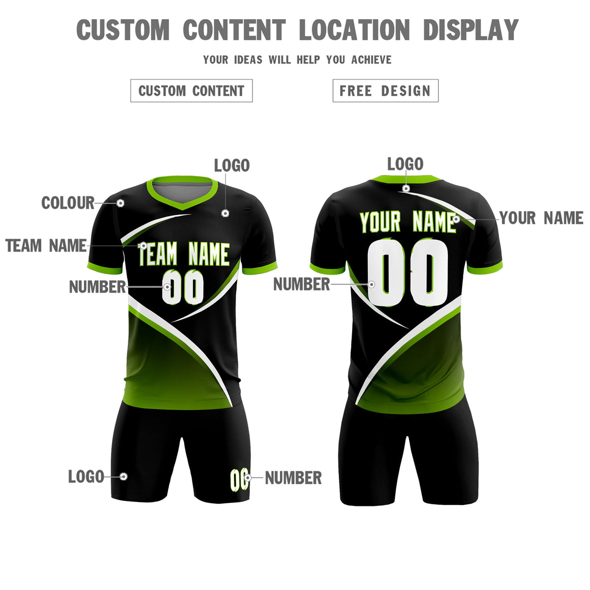 Custom Black Neon Green Color Block Training Uniform For Men Soccer Sets Jersey