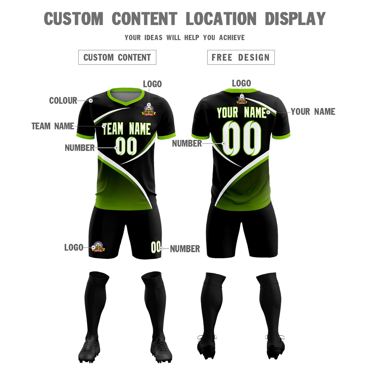 Custom Black Neon Green Color Block Training Uniform For Men Soccer Sets Jersey