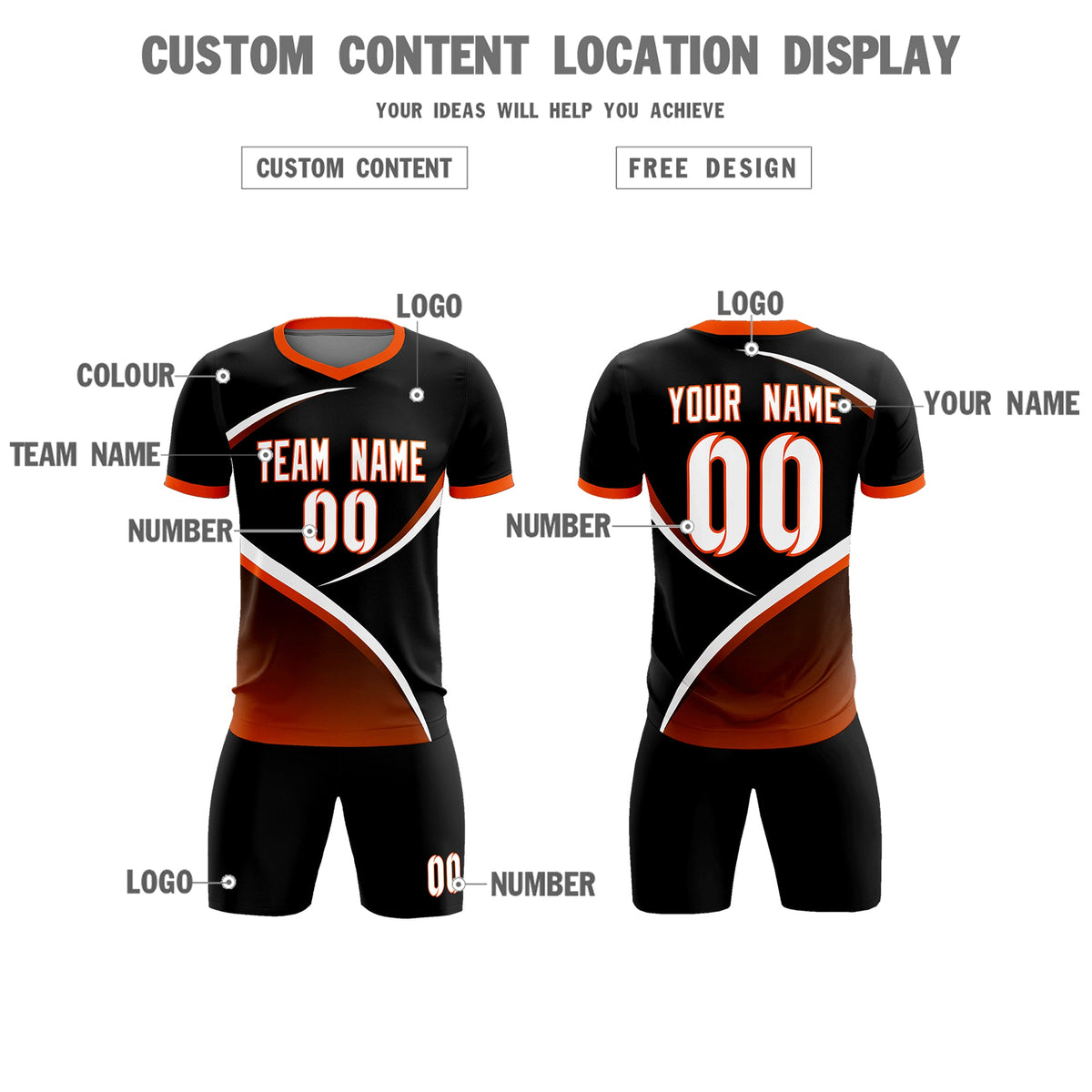 Custom Black Orange Color Block Training Uniform For Men Soccer Sets Jersey