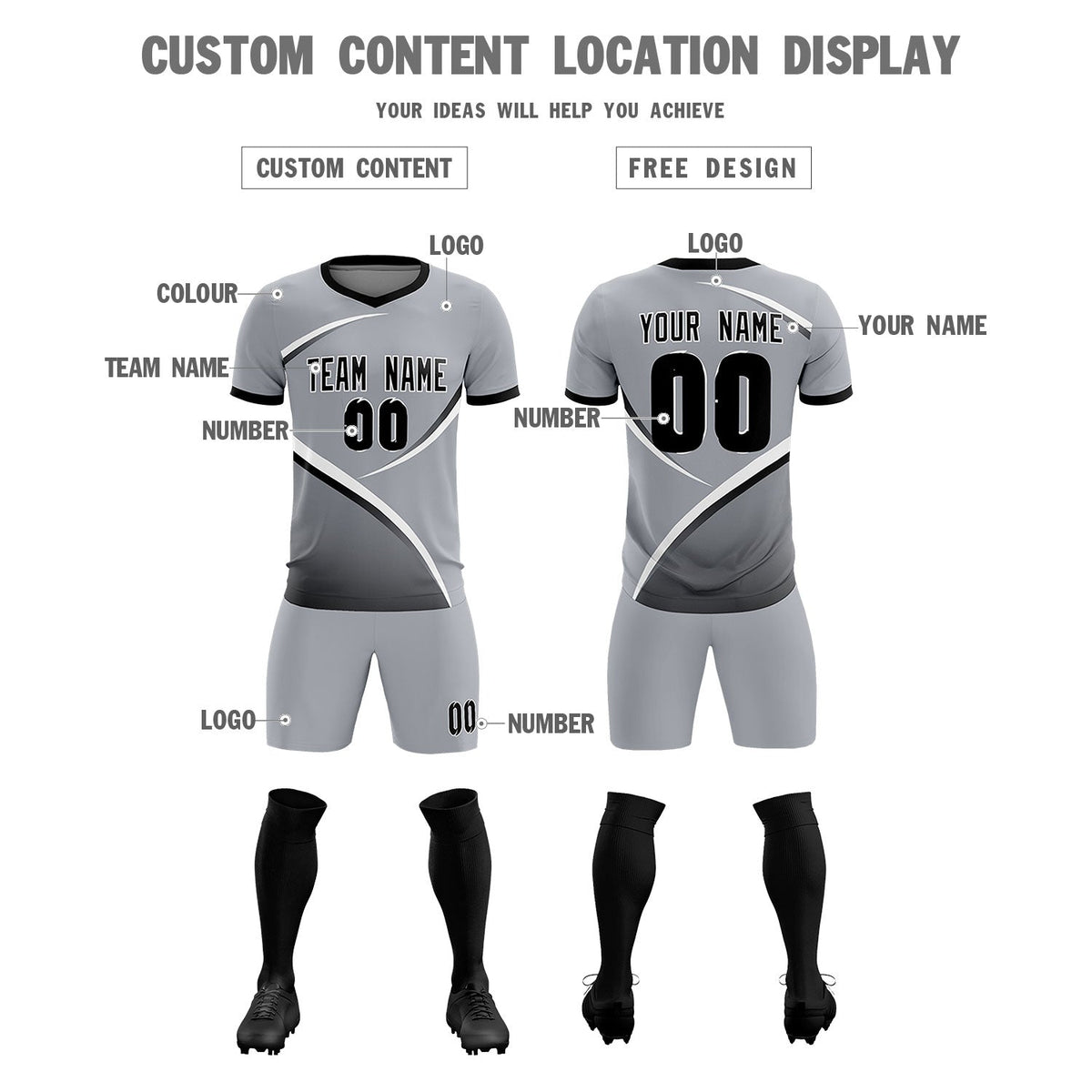 Custom Gray Black Color Block Training Uniform For Men Soccer Sets Jersey