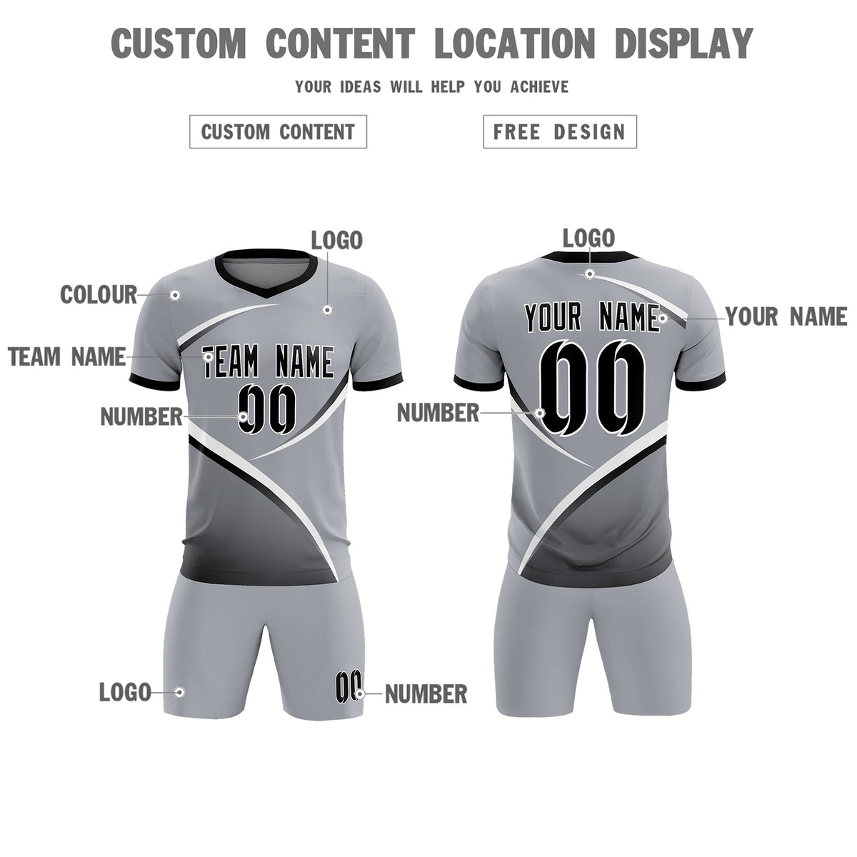 Custom Gray Black Color Block Training Uniform For Men Football Kits Jersey