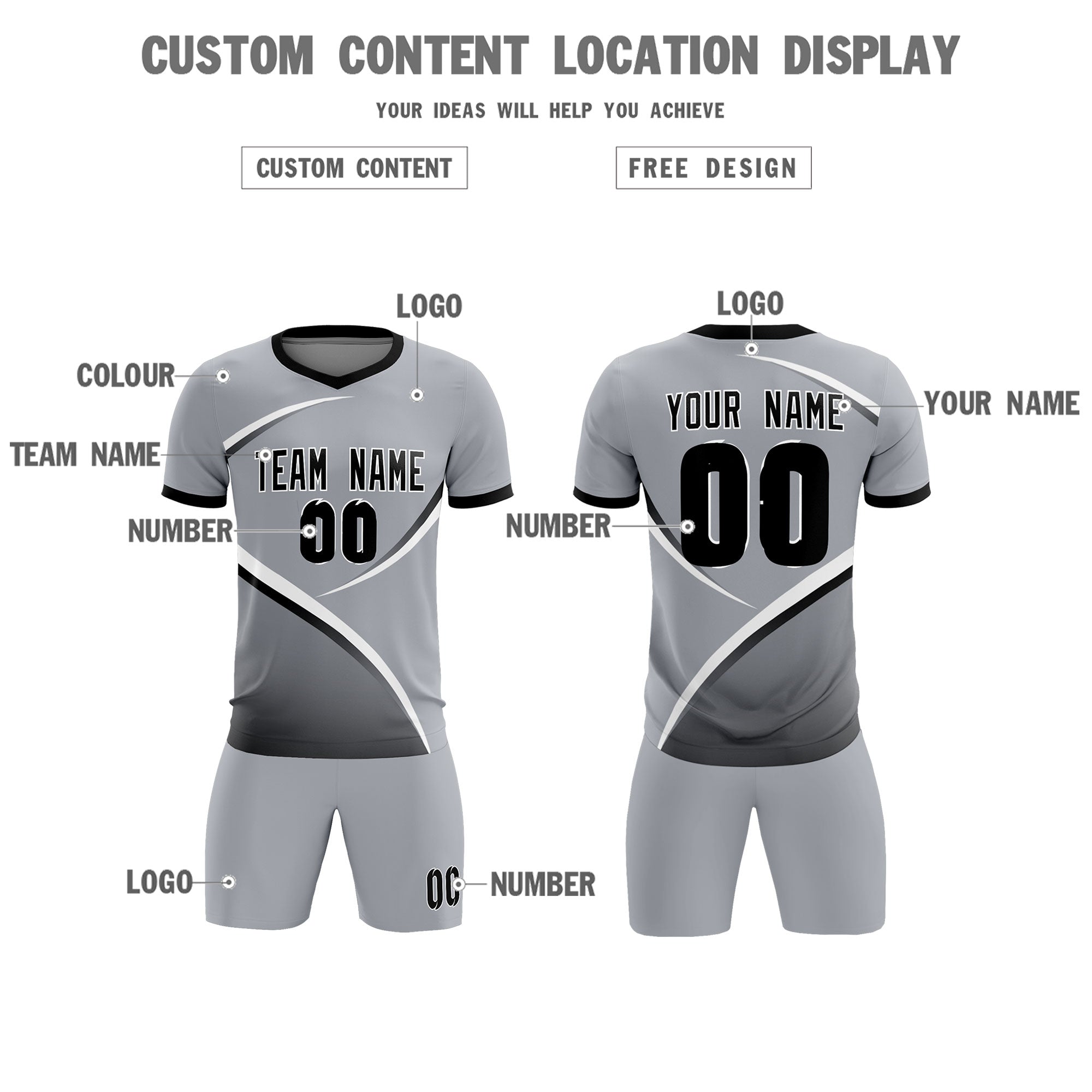 Custom Gray Black Color Block Training Uniform For Men Soccer Sets Jersey