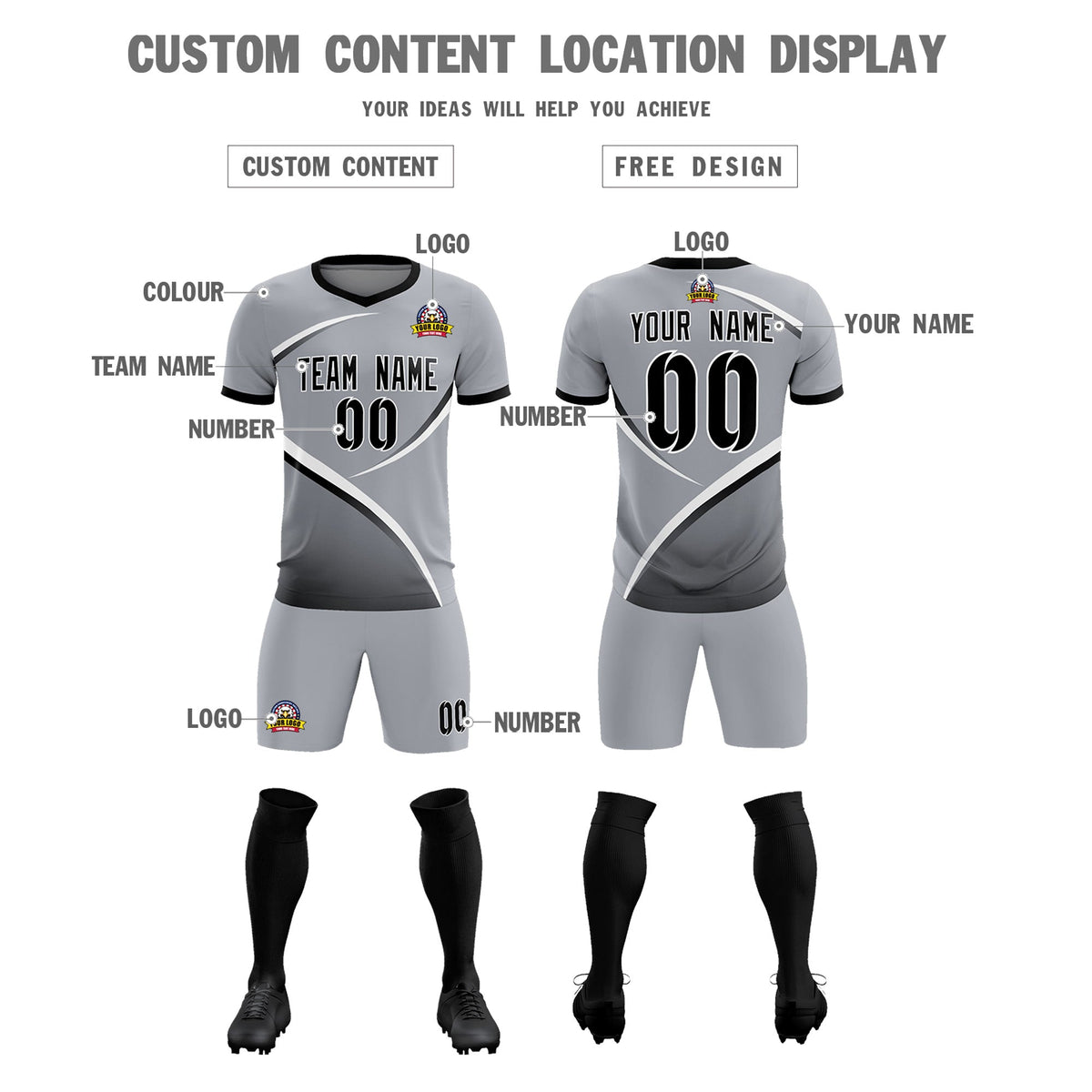 Custom Gray Black Color Block Training Uniform For Men Football Kits Jersey