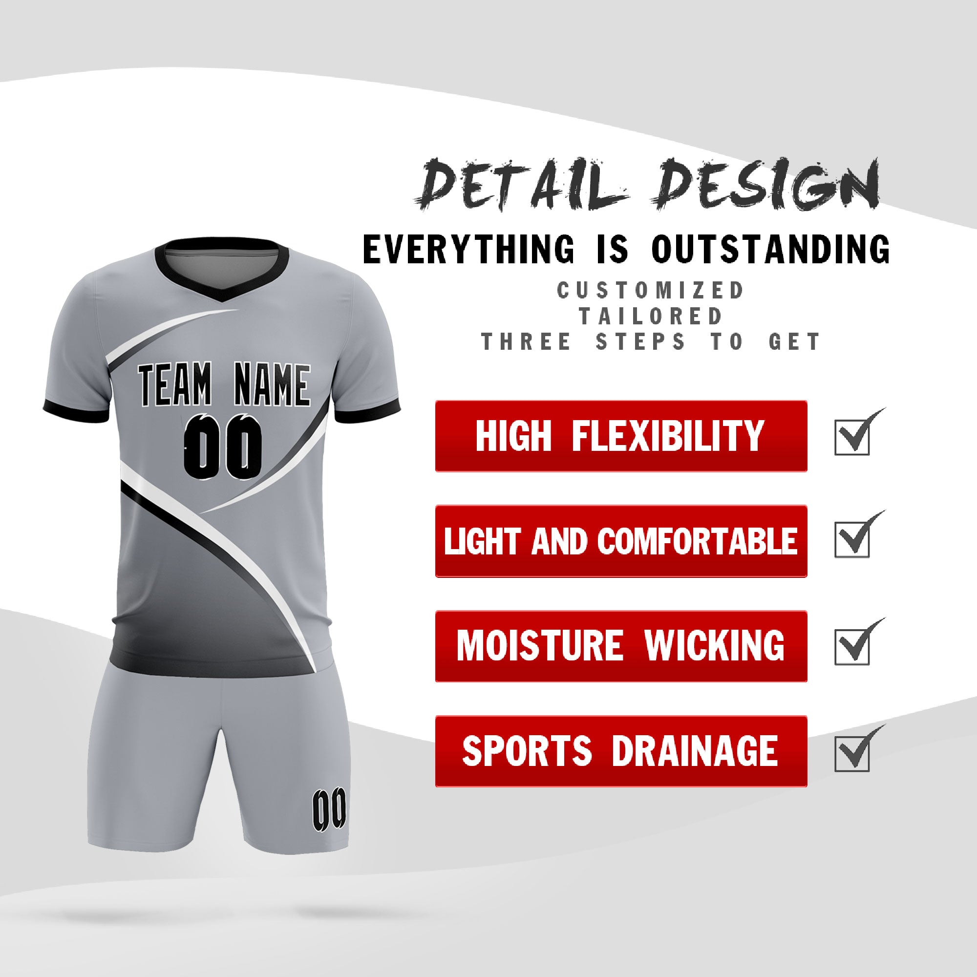 Custom Gray Black Color Block Training Uniform For Men Soccer Sets Jersey