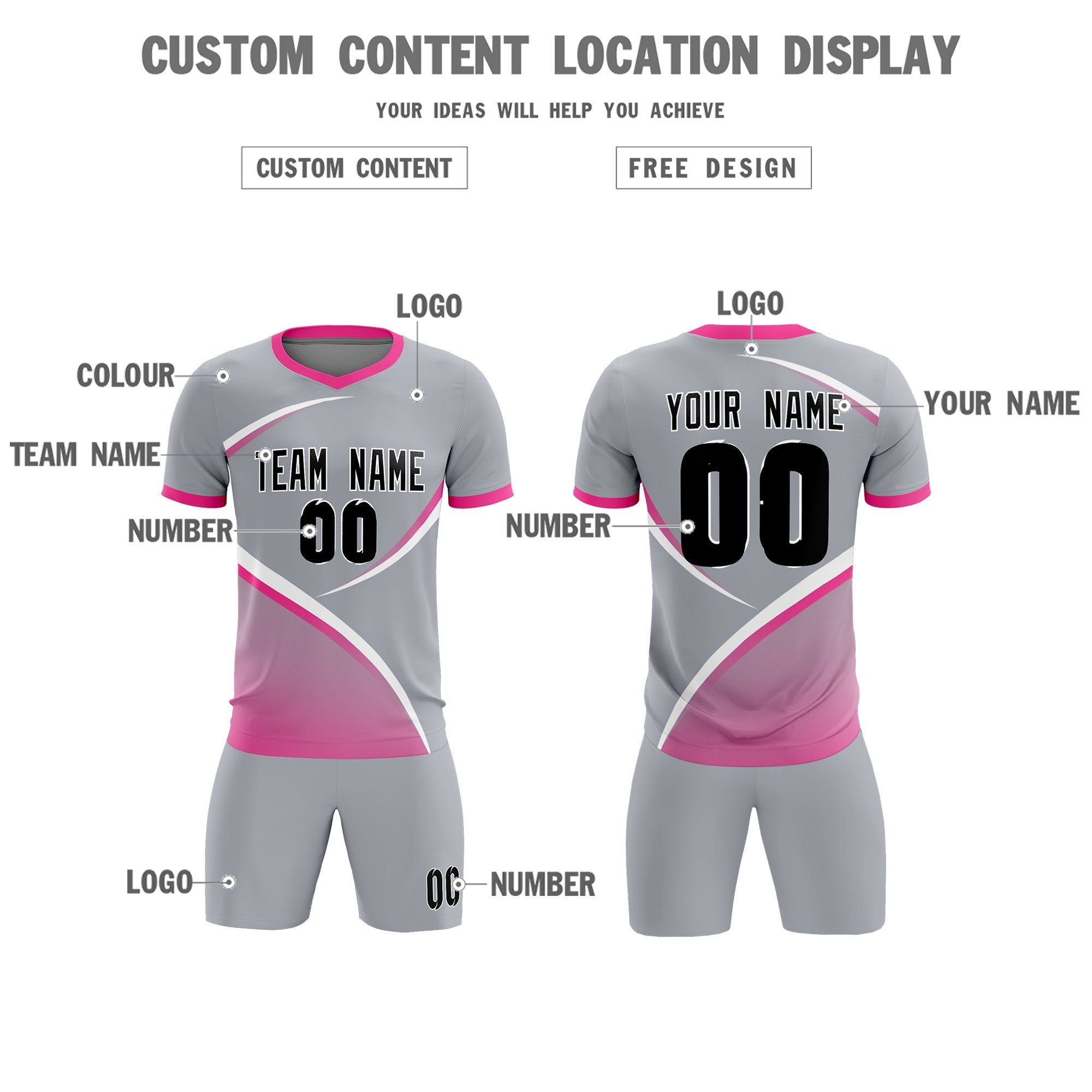 Custom Gray Pink Color Block Training Uniform For Men Soccer Sets Jersey