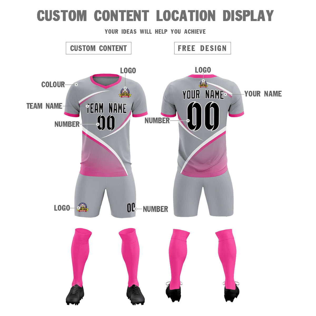 Custom Gray Pink Color Block Training Uniform For Men Football Kits Jersey