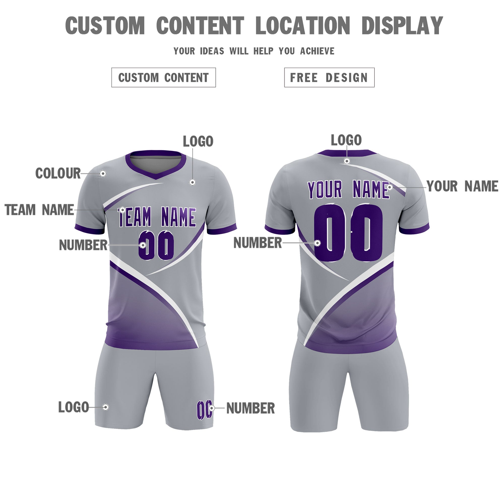 Custom Gray Purple Color Block Training Uniform For Men Soccer Sets Jersey