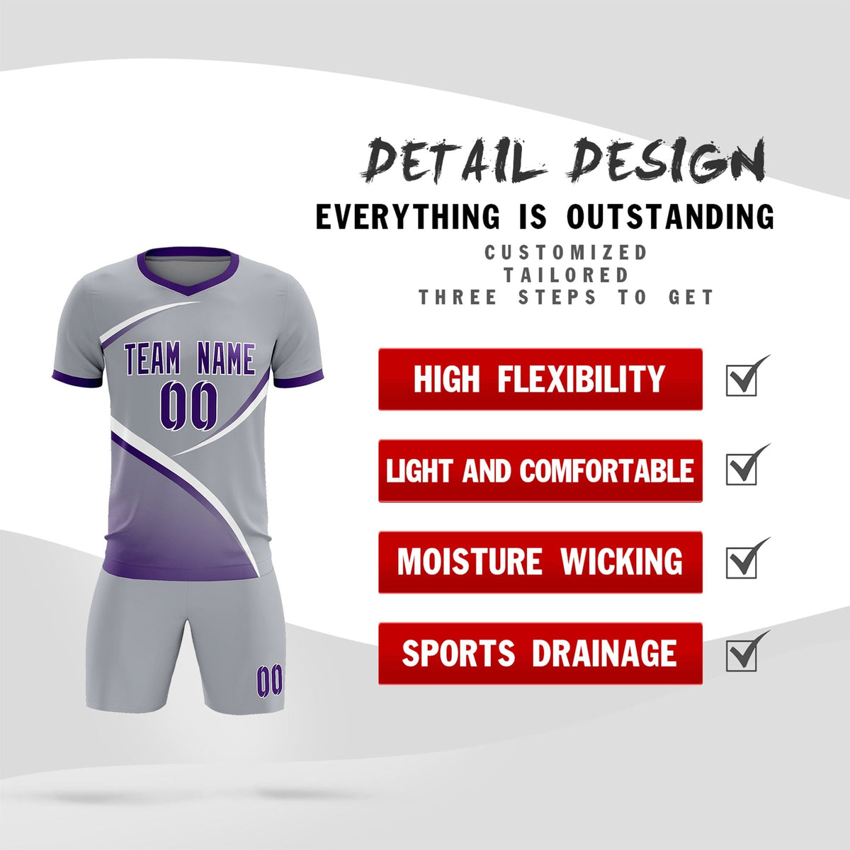 Custom Gray Purple Color Block Training Uniform For Men Football Kits Jersey