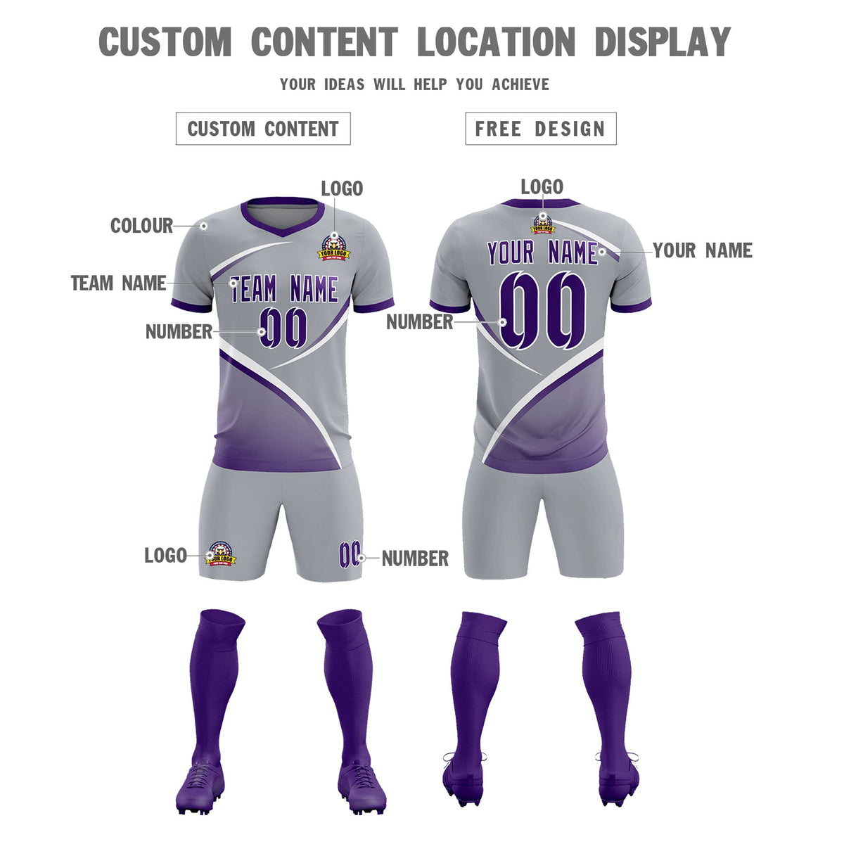 Custom Gray Purple Color Block Training Uniform For Men Football Kits Jersey