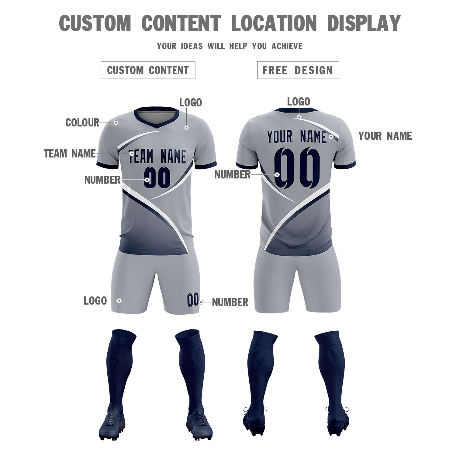 Custom Gray Navy Color Block Training Uniform For Men Soccer Sets Jersey