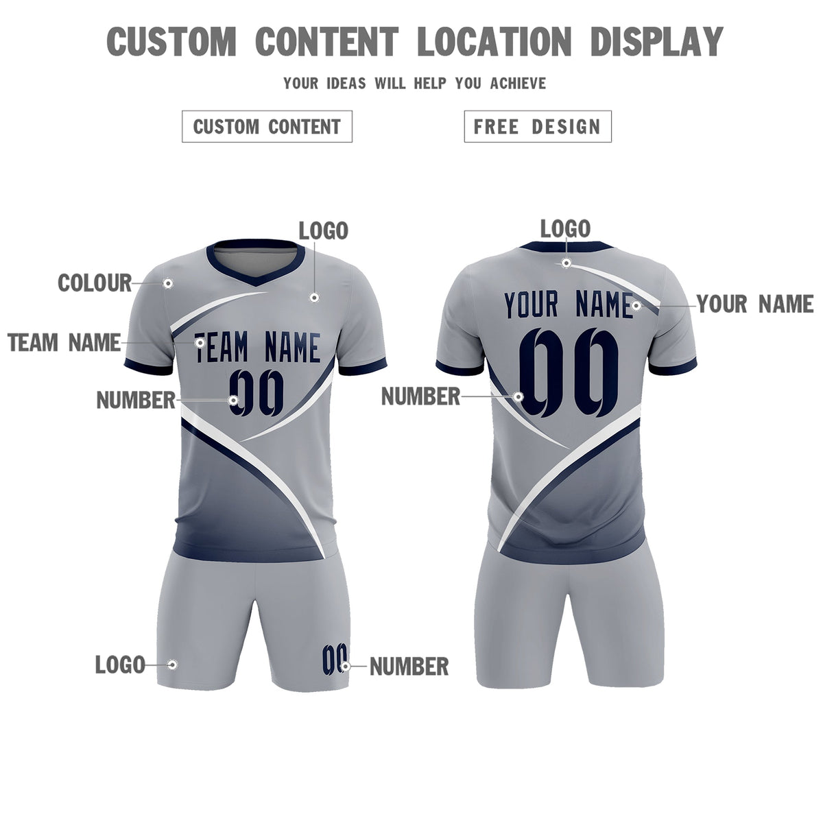 Custom Gray Navy Color Block Training Uniform For Men Football Kits Jersey