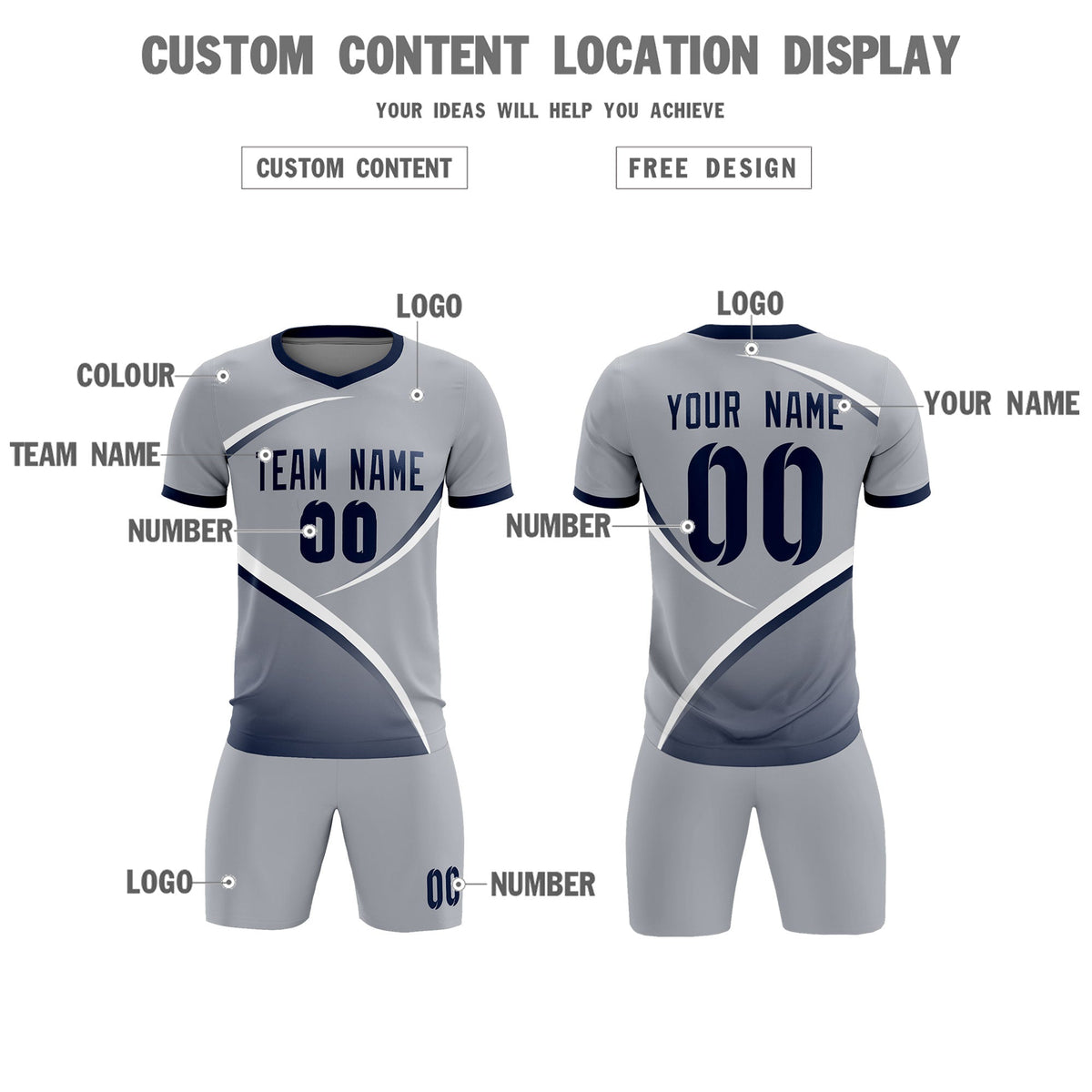 Custom Gray Navy Color Block Training Uniform For Men Soccer Sets Jersey