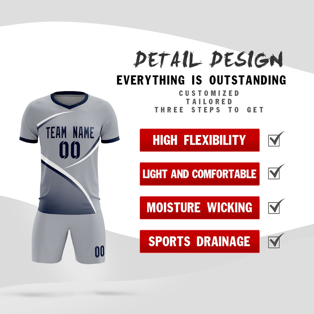 Custom Gray Navy Color Block Training Uniform For Men Football Kits Jersey