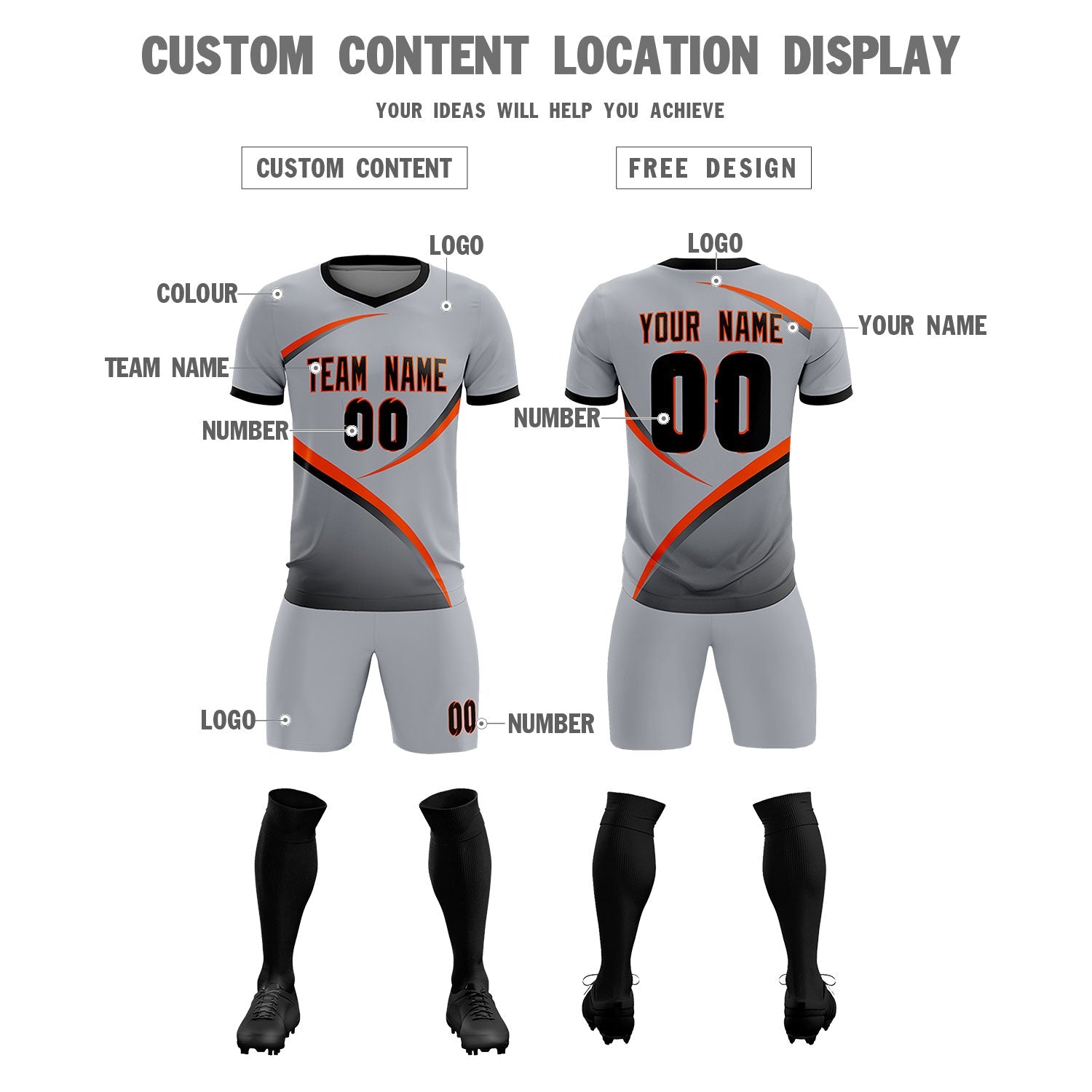 Custom Gray Black Color Block Training Uniform For Men Soccer Sets Jersey