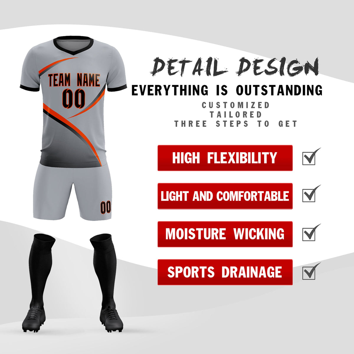 Custom Gray Black Color Block Training Uniform For Men Football Kits Jersey