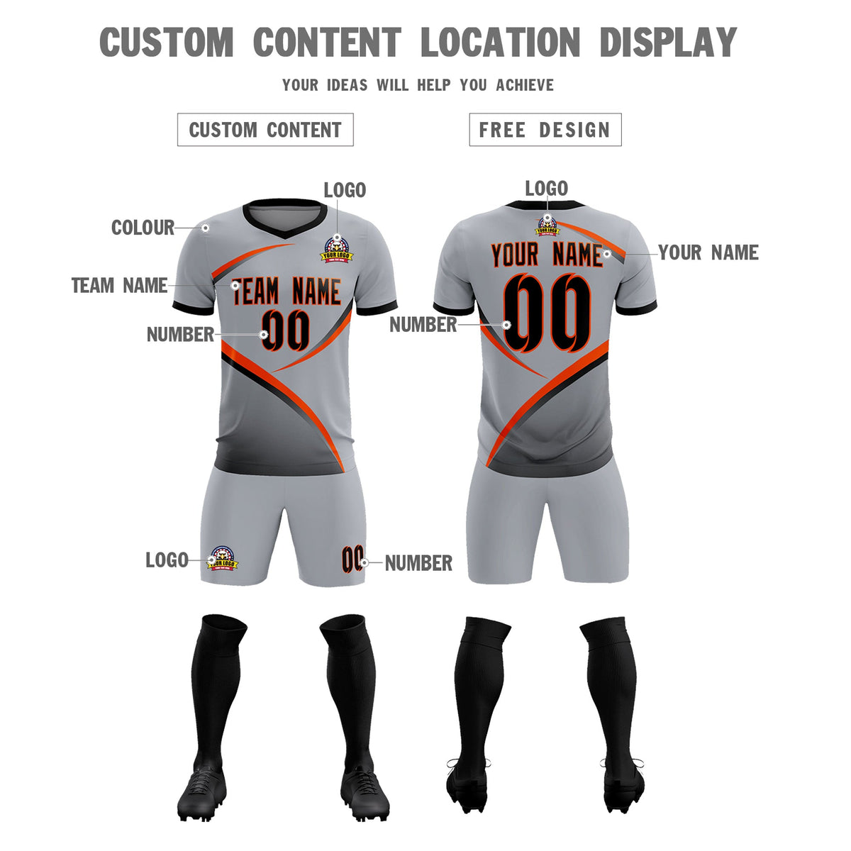 Custom Gray Black Color Block Training Uniform For Men Football Kits Jersey