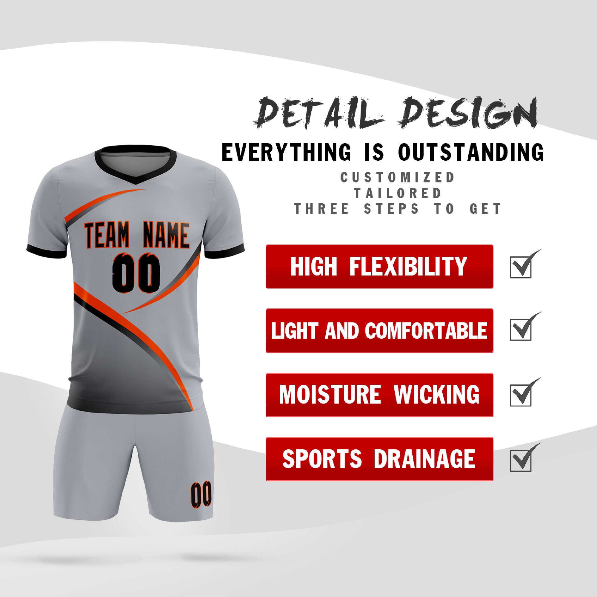 Custom Gray Black Color Block Training Uniform For Men Soccer Sets Jersey