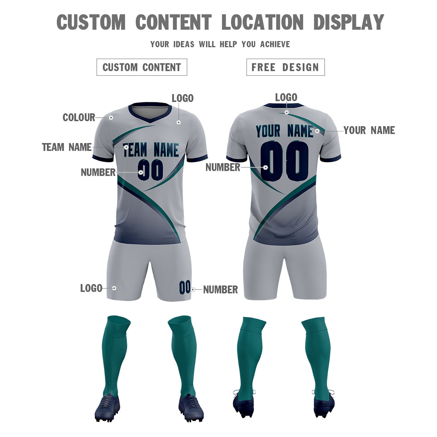 Custom Gray Navy Color Block Training Uniform For Men Soccer Sets Jersey