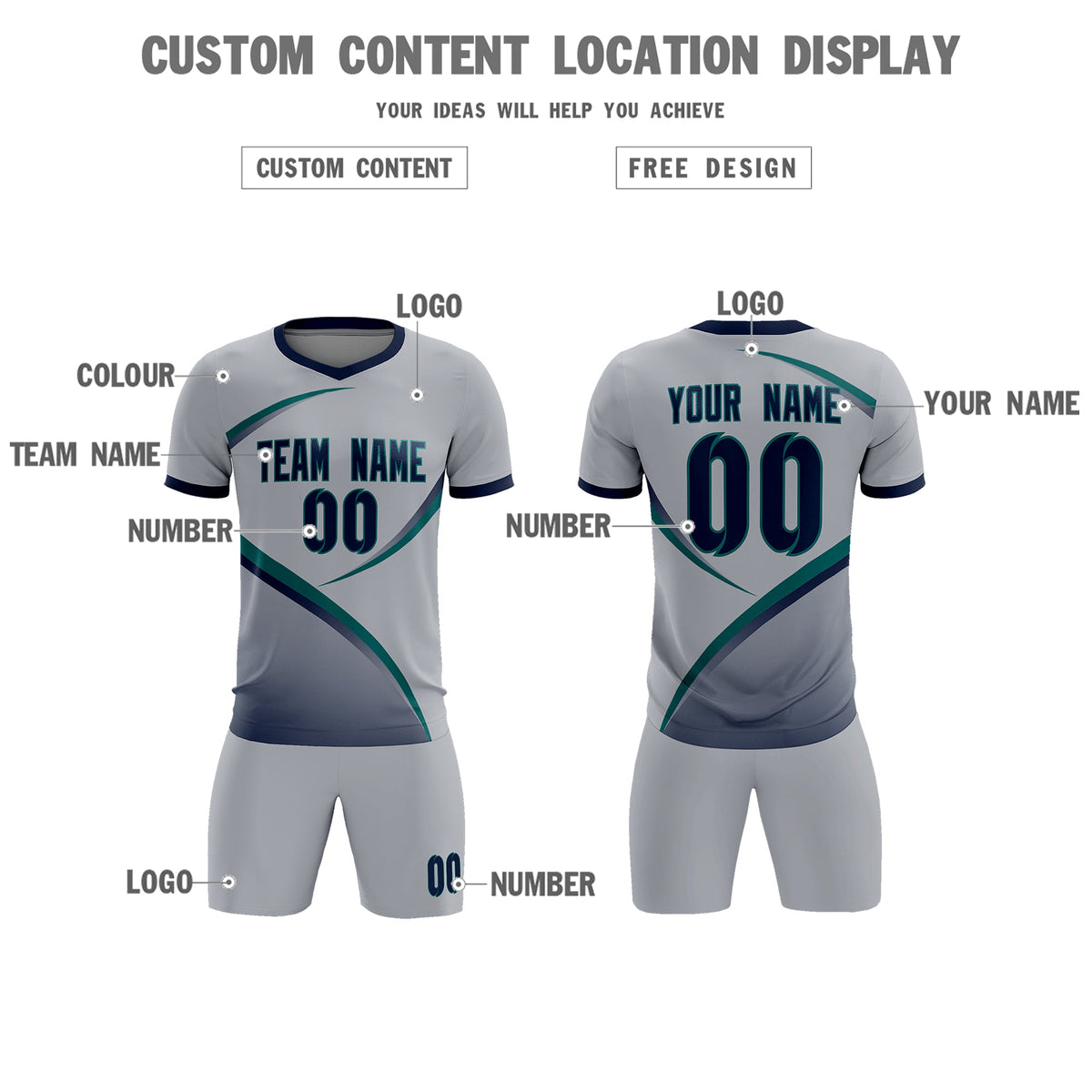 Custom Gray Navy Color Block Training Uniform For Men Football Kits Jersey