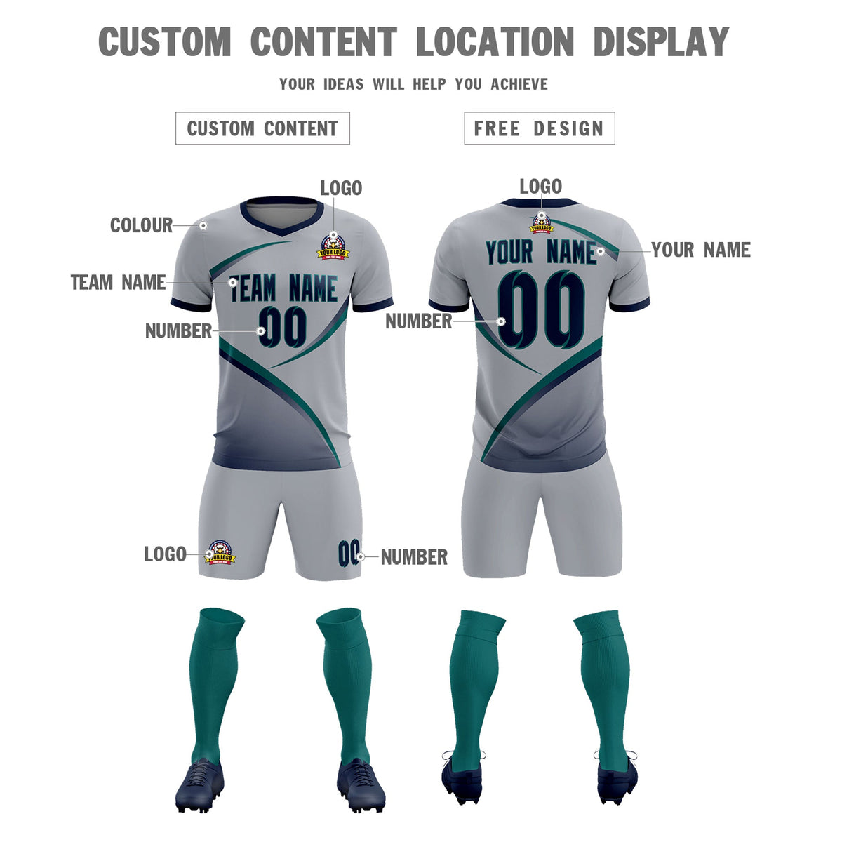 Custom Gray Navy Color Block Training Uniform For Men Football Kits Jersey