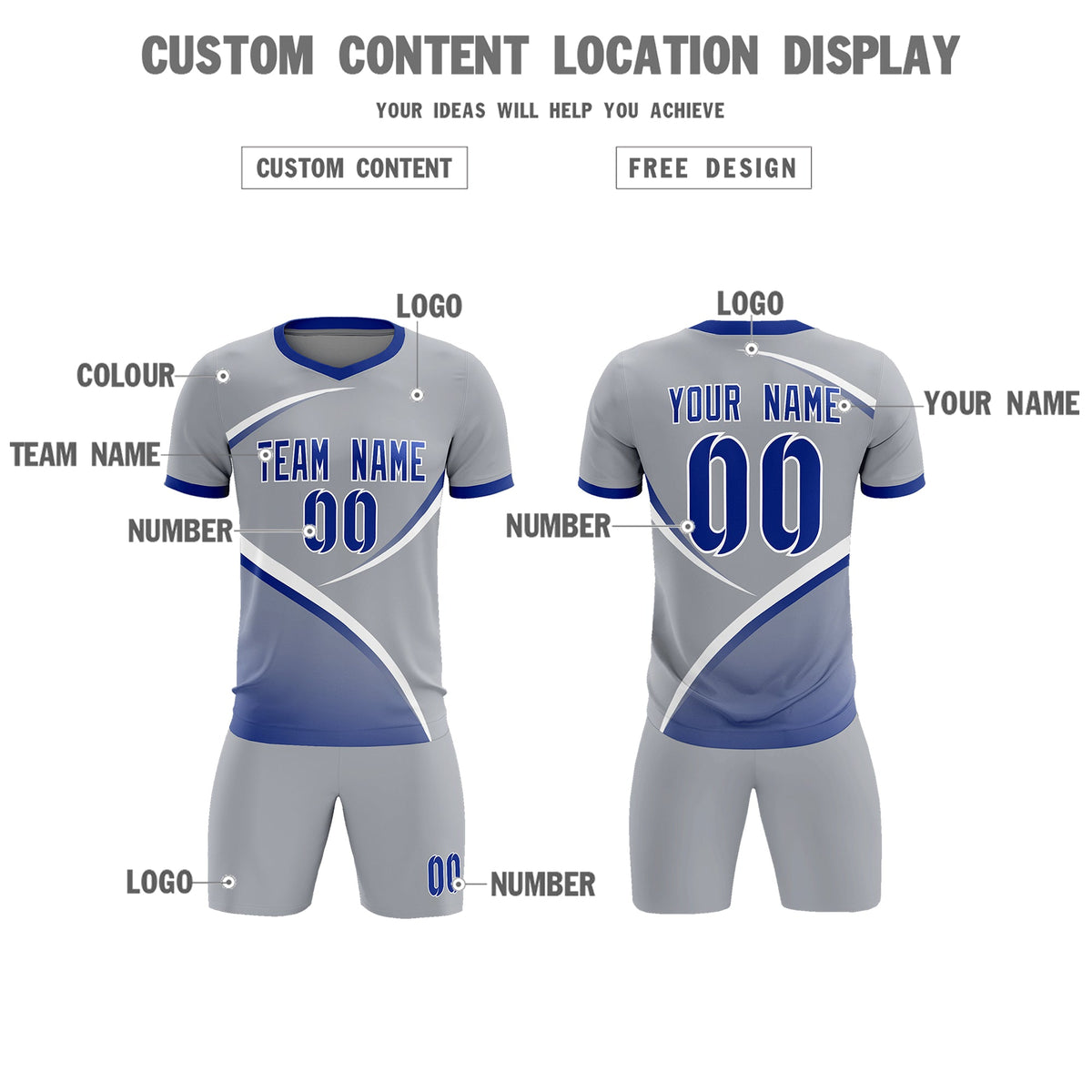 Custom Gray Royal Color Block Training Uniform For Men Football Kits Jersey