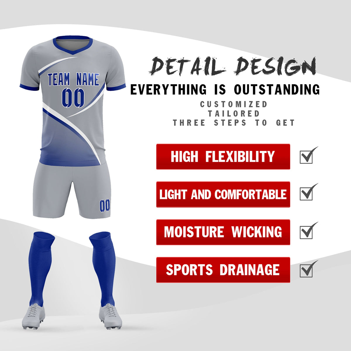 Custom Gray Royal Color Block Training Uniform For Men Football Kits Jersey