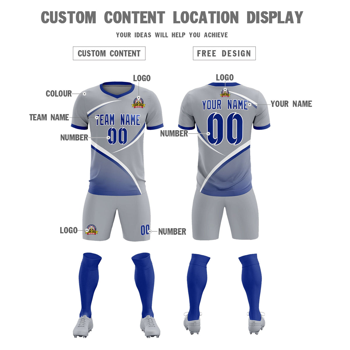 Custom Gray Royal Color Block Training Uniform For Men Football Kits Jersey