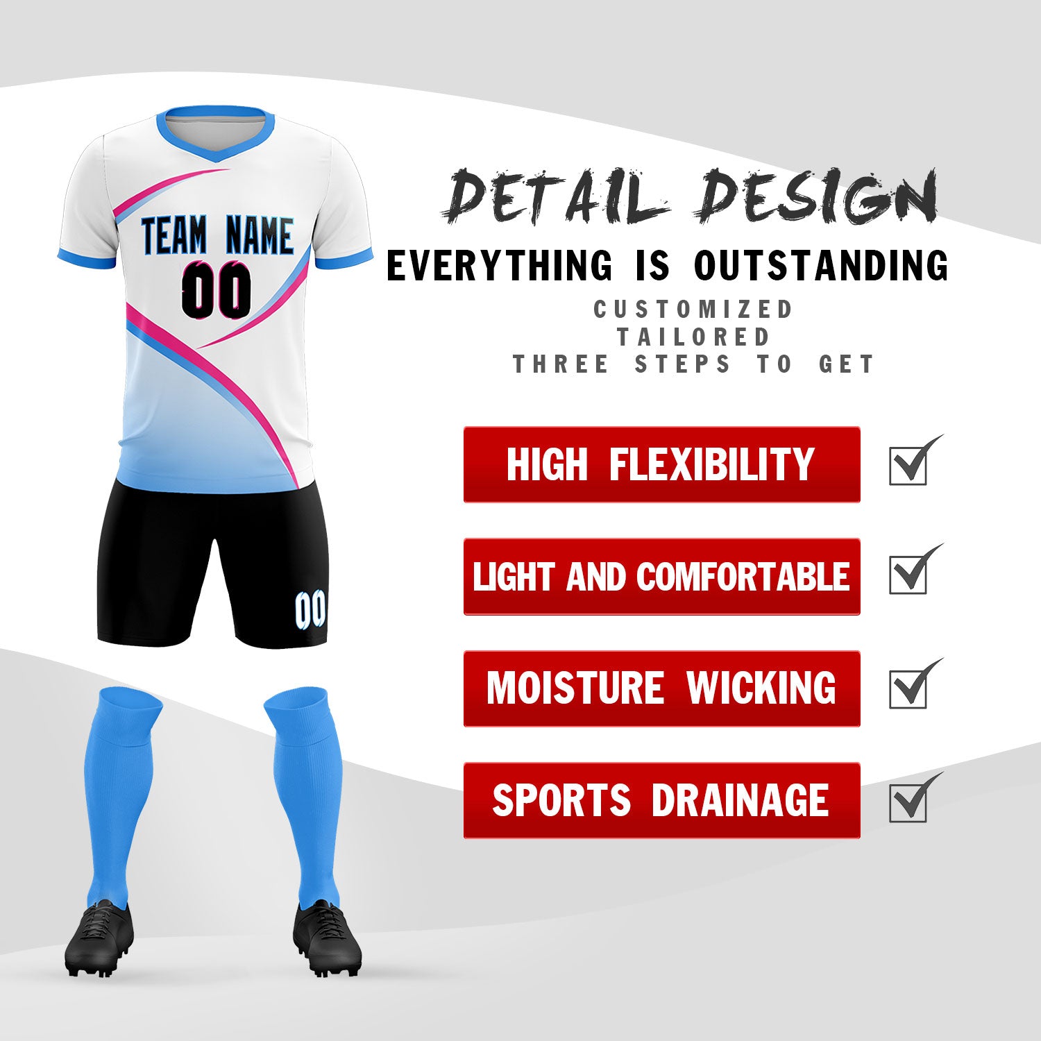 Custom White Powder Blue Color Block Training Uniform For Men Soccer Sets Jersey