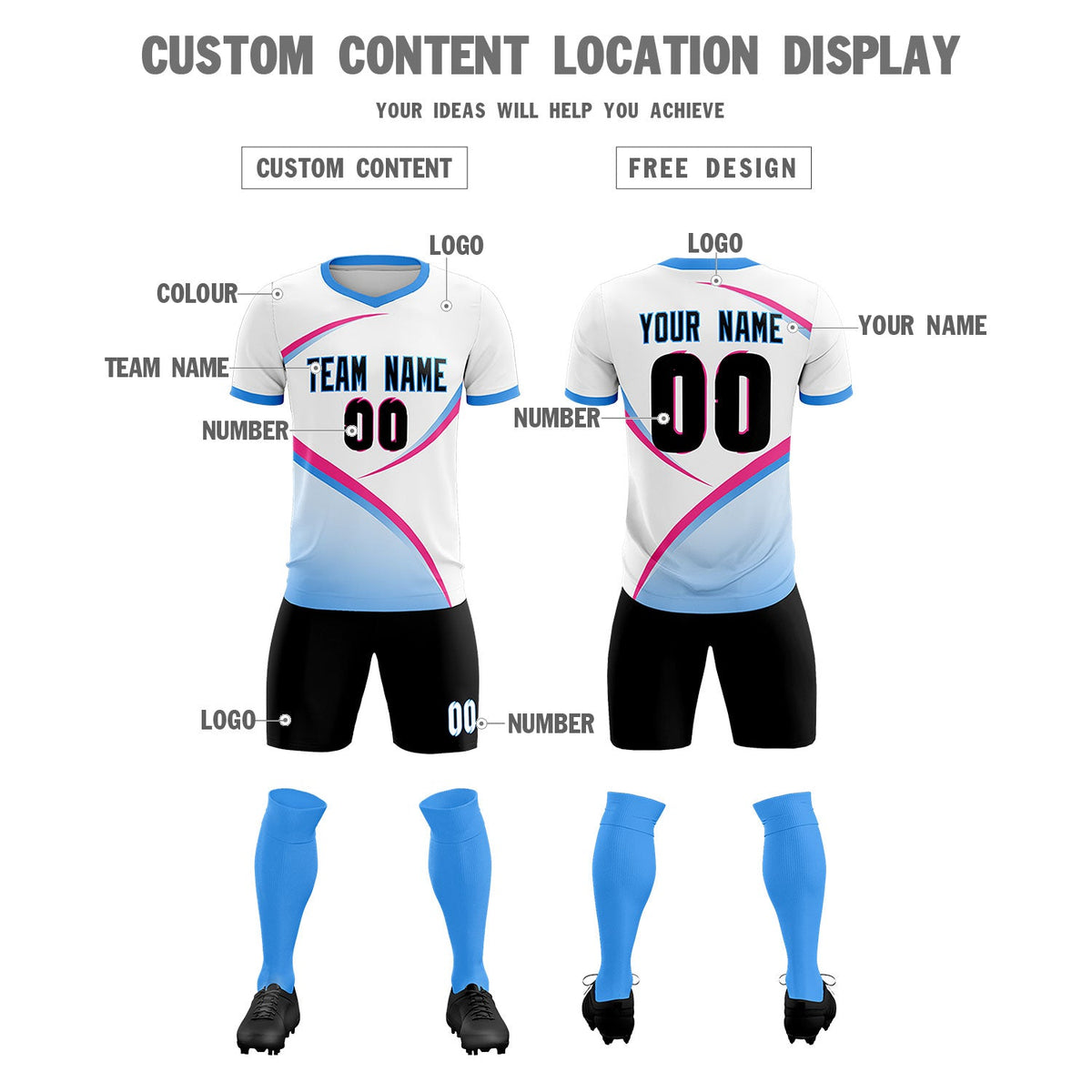 Custom White Powder Blue Color Block Training Uniform For Men Soccer Sets Jersey
