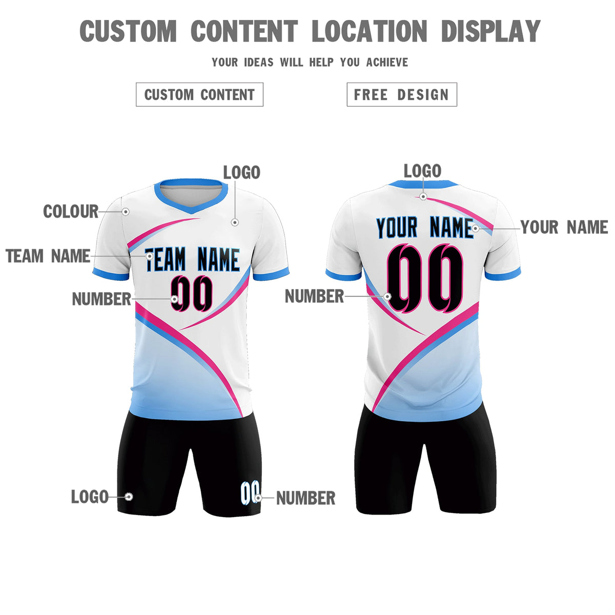 Custom White Powder Blue Color Block Training Uniform For Men Football Kits Jersey