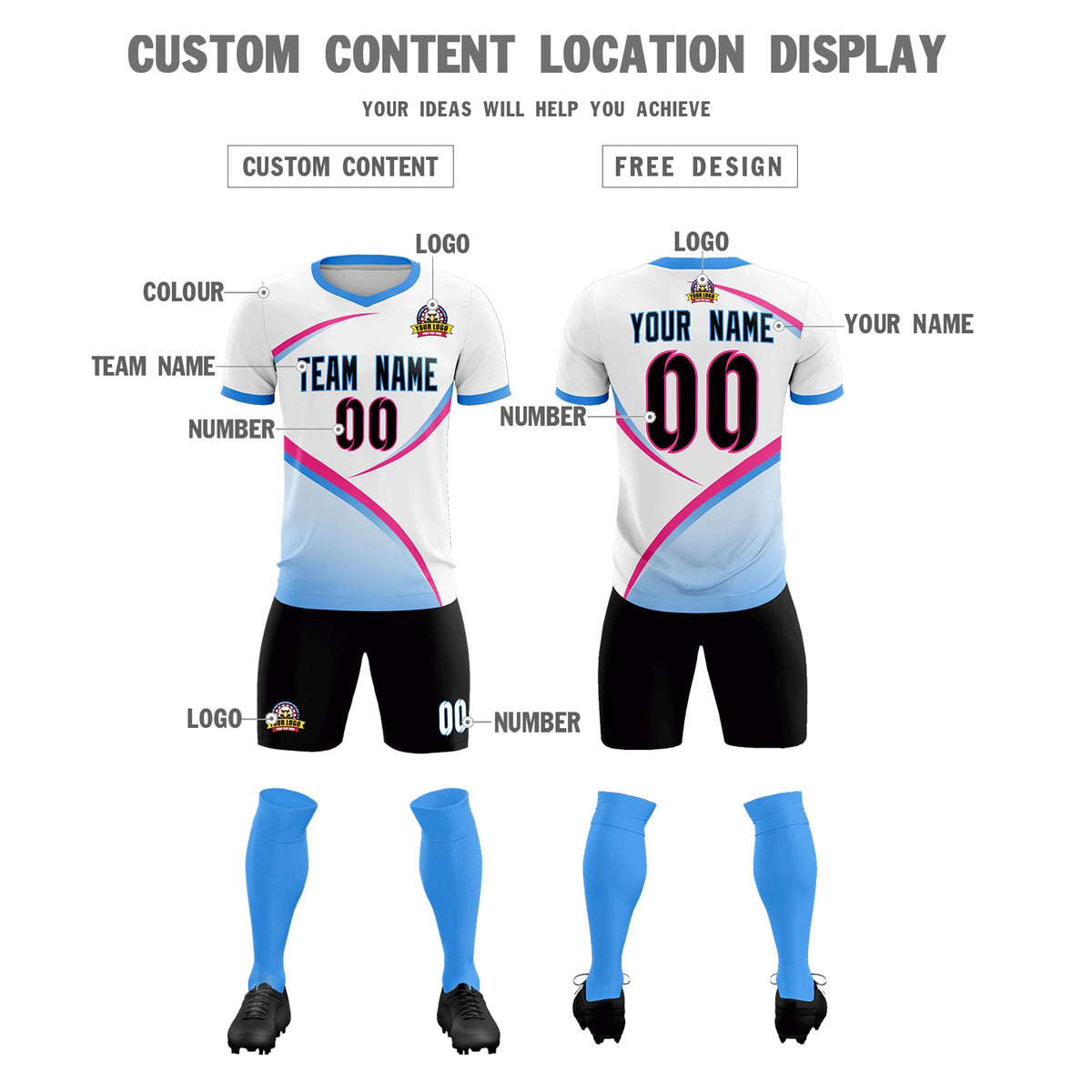Custom White Powder Blue Color Block Training Uniform For Men Football Kits Jersey