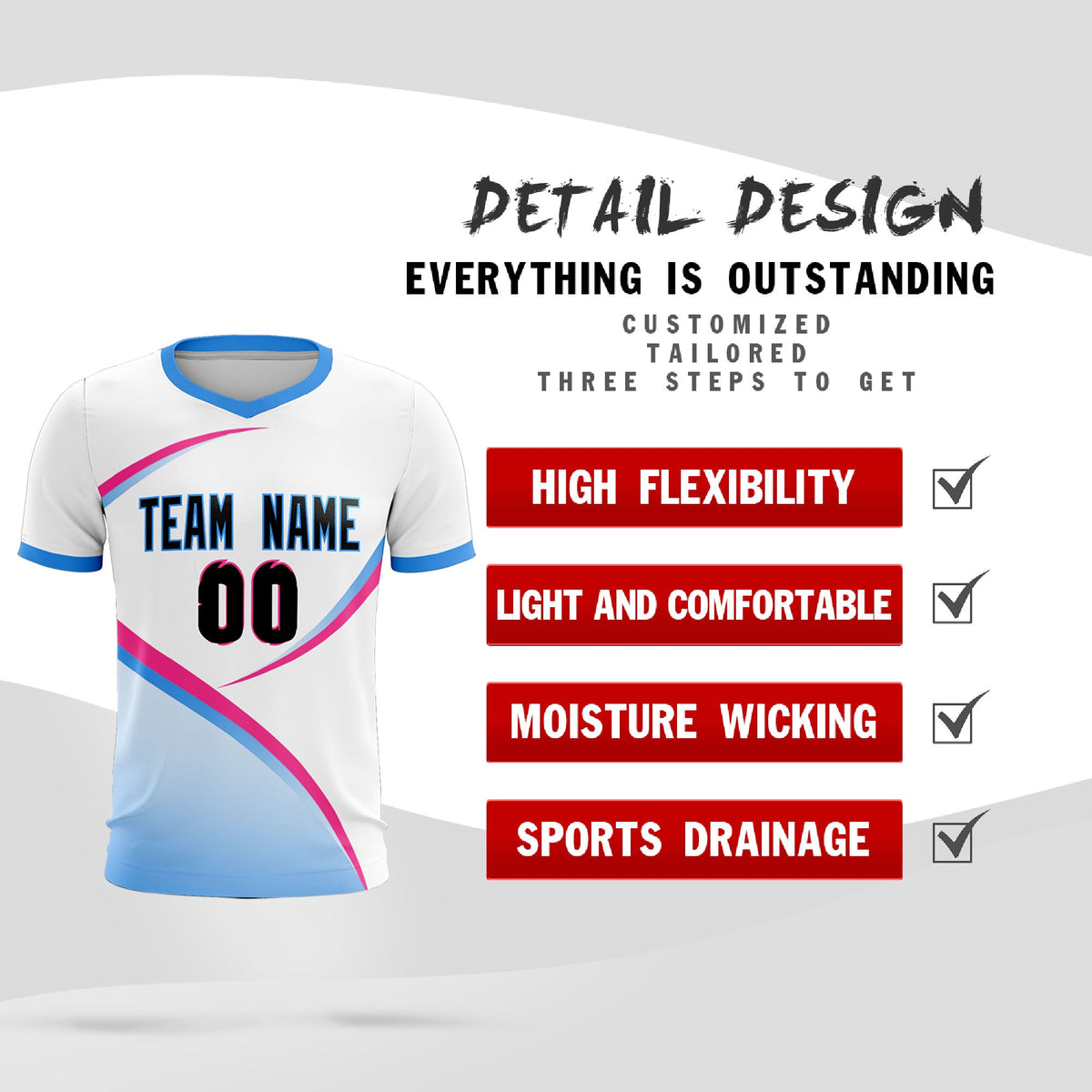 Custom White Powder Blue Color Block Training Uniform For Men Soccer Sets Jersey