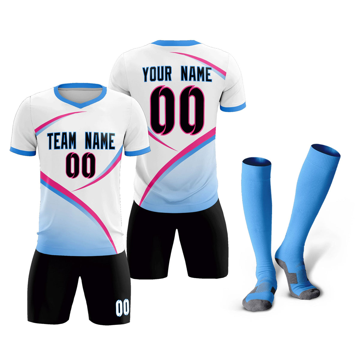 Custom White Powder Blue Color Block Training Uniform For Men Football Kits Jersey