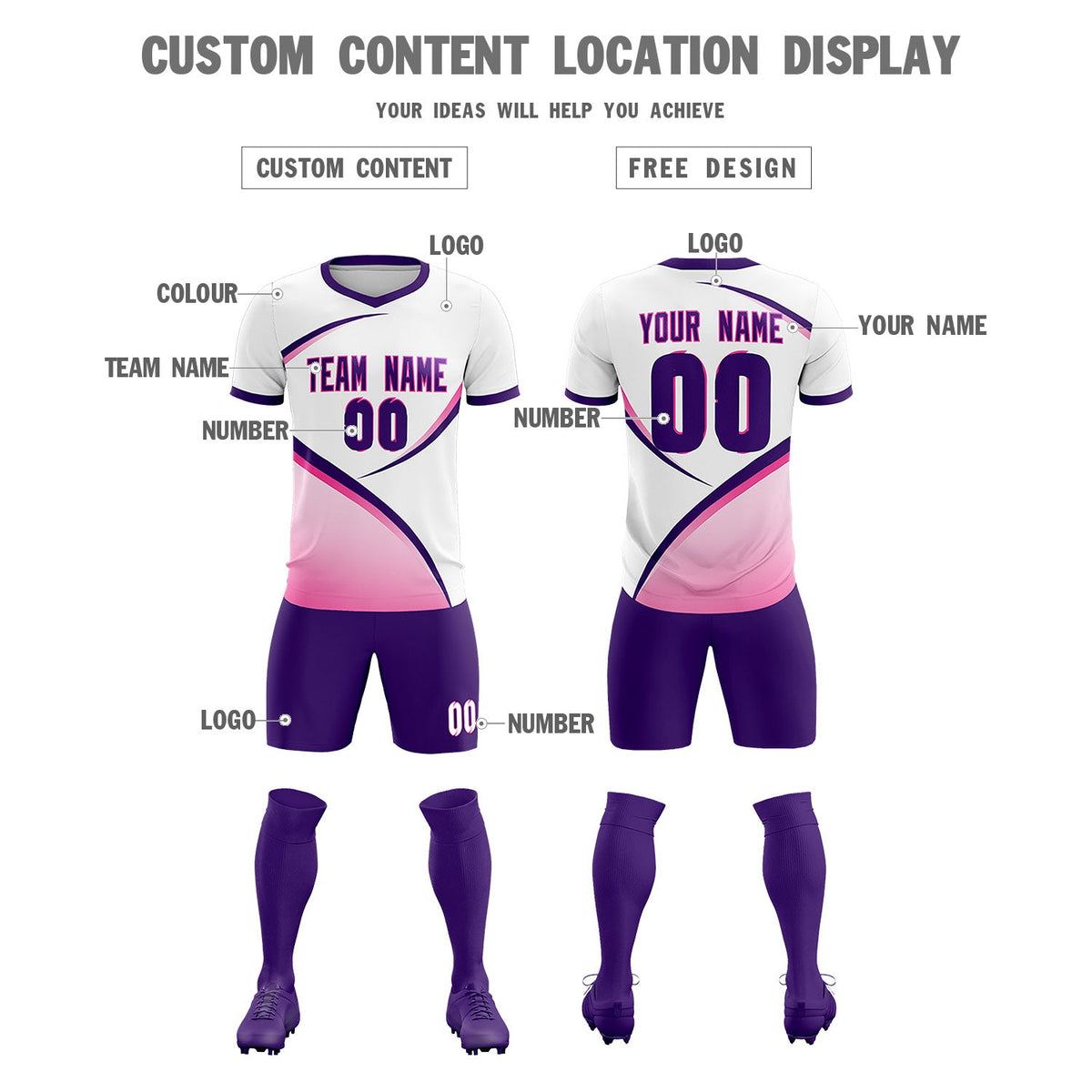 Custom White Purple Color Block Training Uniform For Men Soccer Sets Jersey