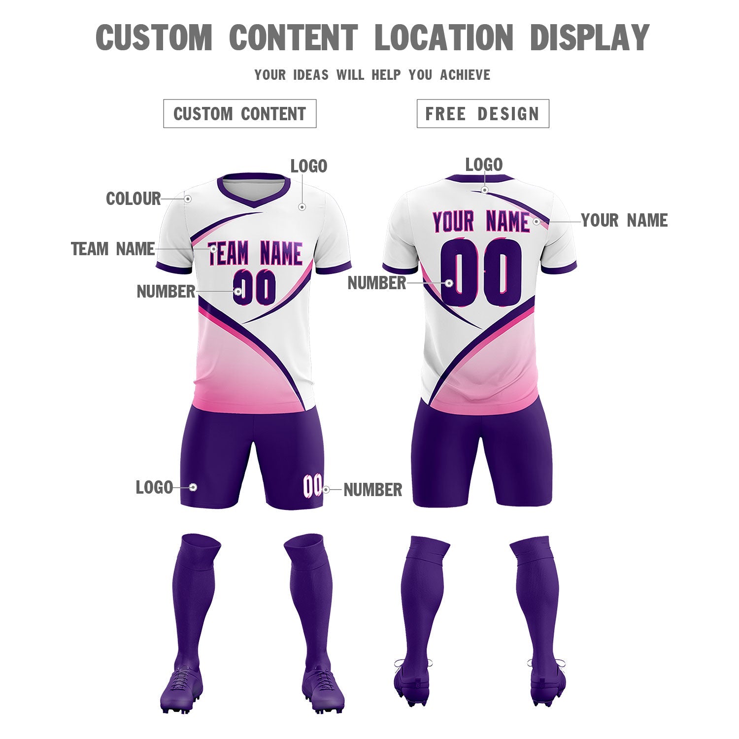 Custom White Purple Color Block Training Uniform For Men Soccer Sets Jersey