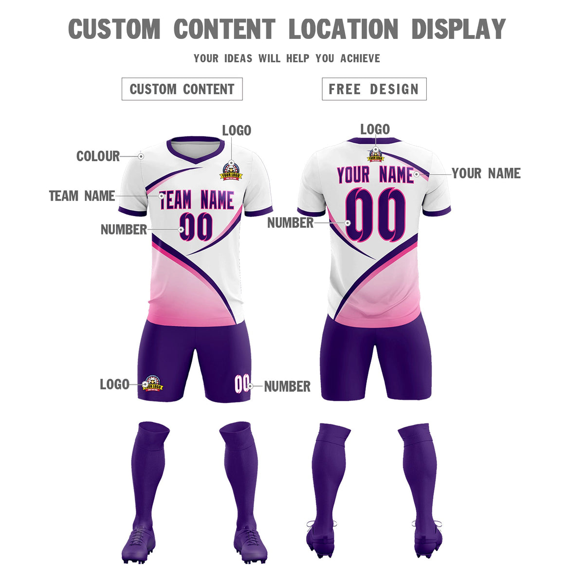 Custom White Purple Color Block Training Uniform For Men Football Kits Jersey