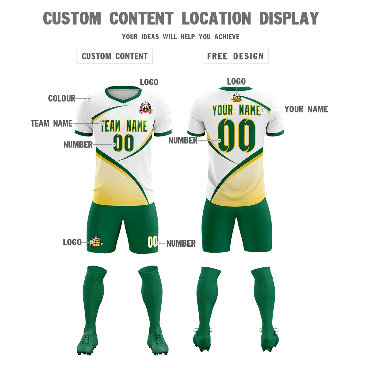Custom White Kelly Green Color Block Training Uniform For Men Football Kits Jersey