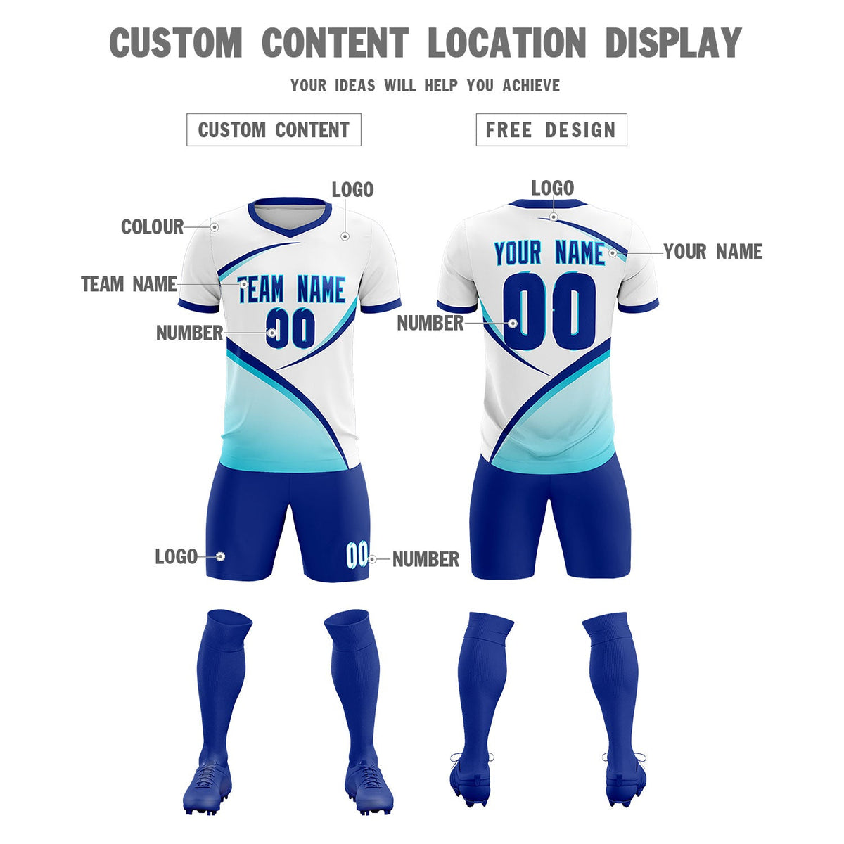Custom White Sky Blue Color Block Training Uniform For Men Soccer Sets Jersey