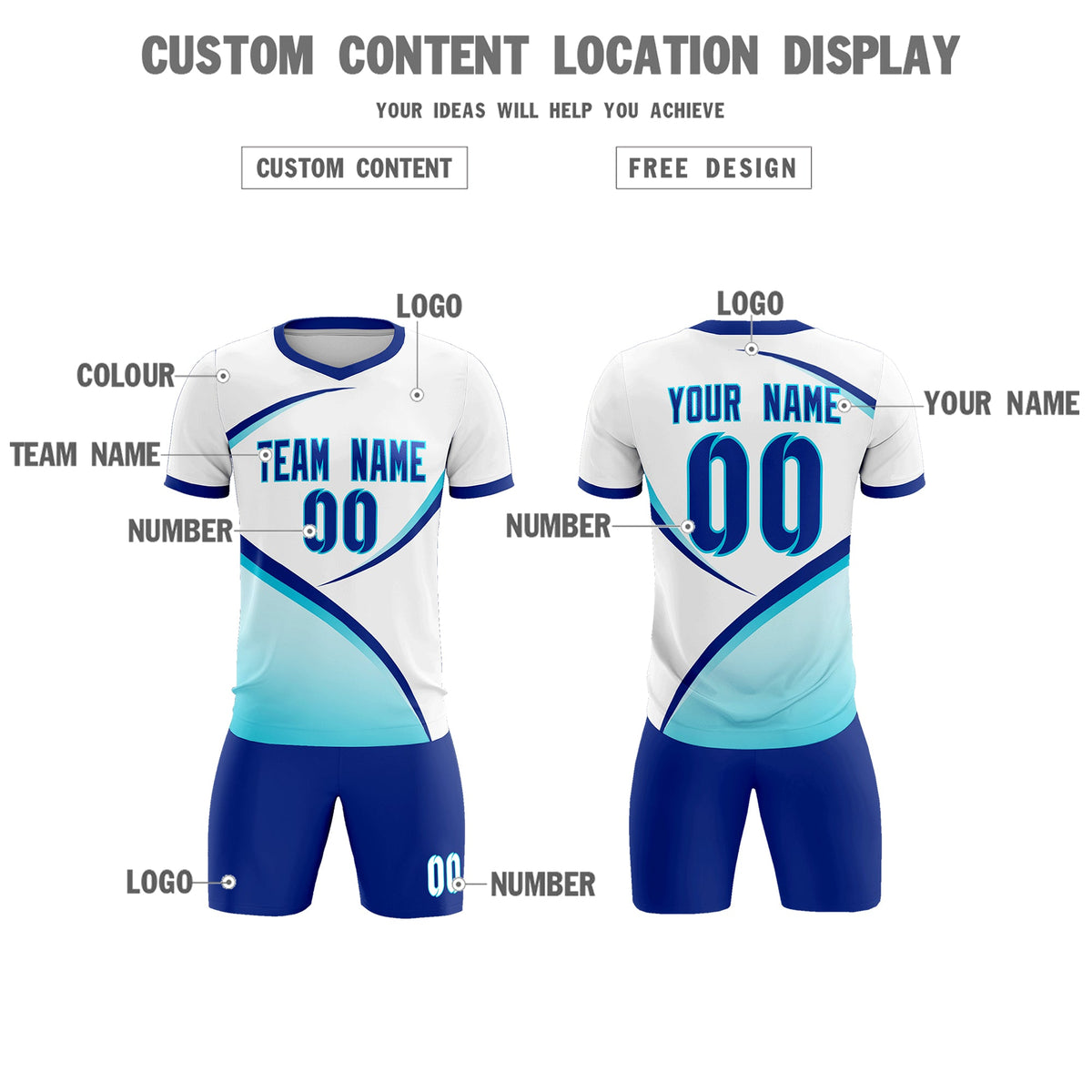 Custom White Sky Blue Color Block Training Uniform For Men Football Kits Jersey