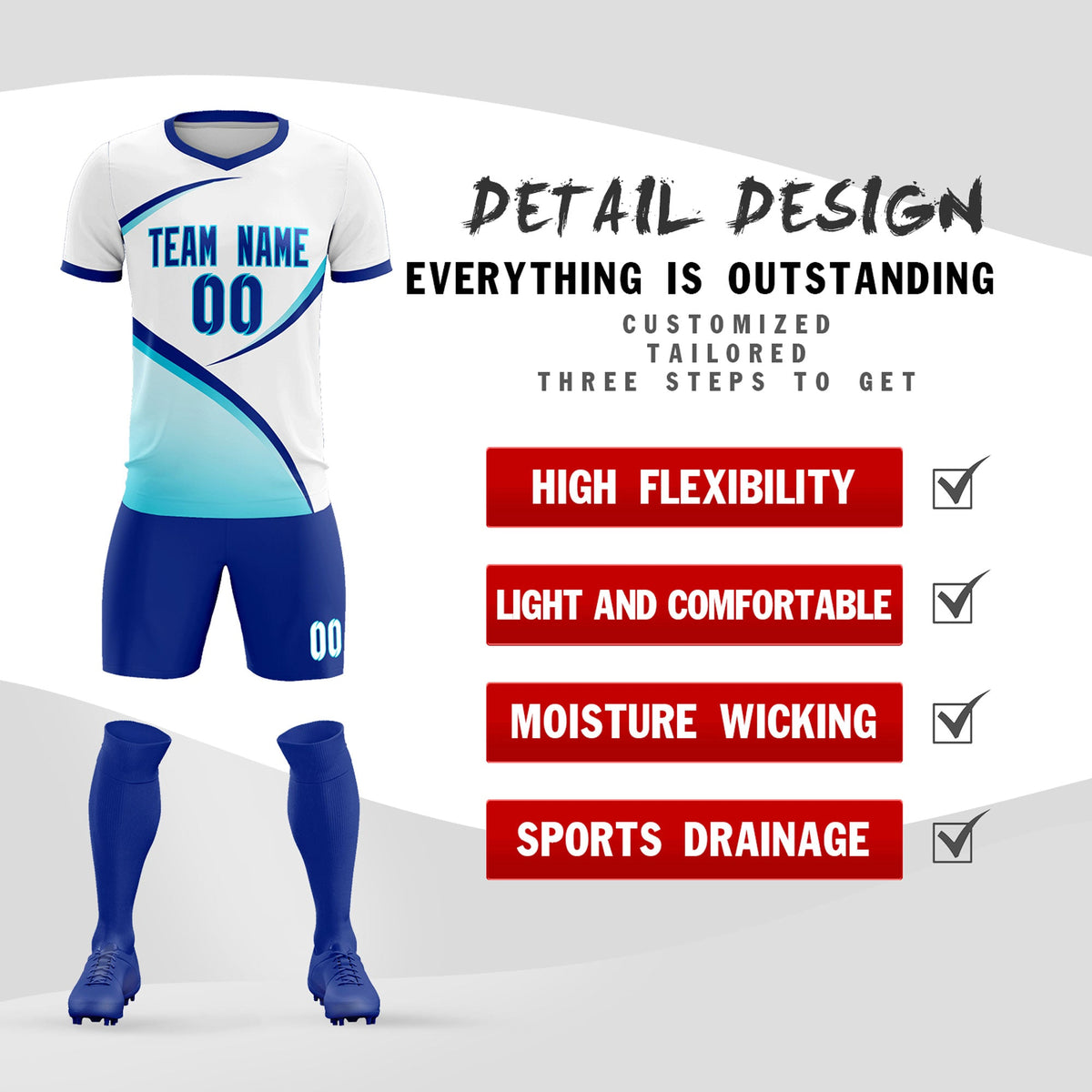 Custom White Sky Blue Color Block Training Uniform For Men Football Kits Jersey
