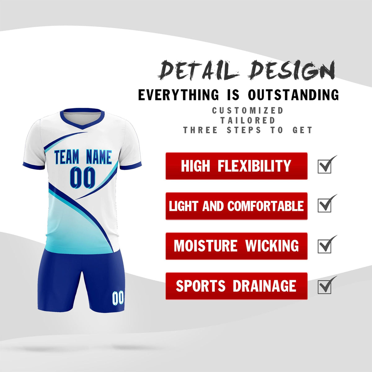 Custom White Sky Blue Color Block Training Uniform For Men Football Kits Jersey