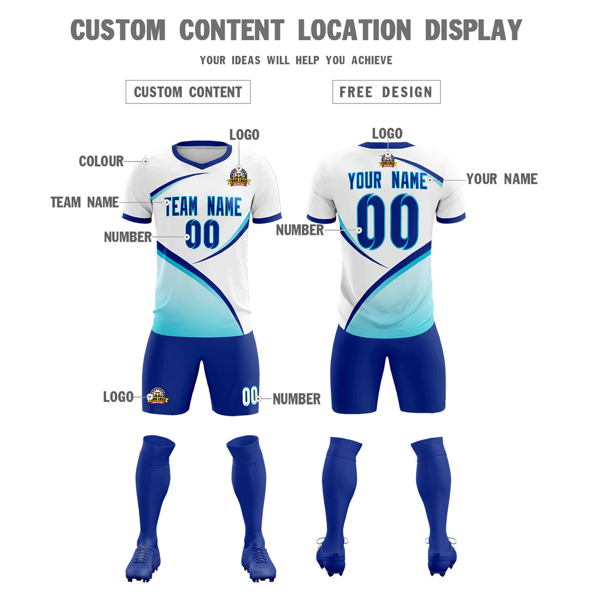 Custom White Sky Blue Color Block Training Uniform For Men Football Kits Jersey