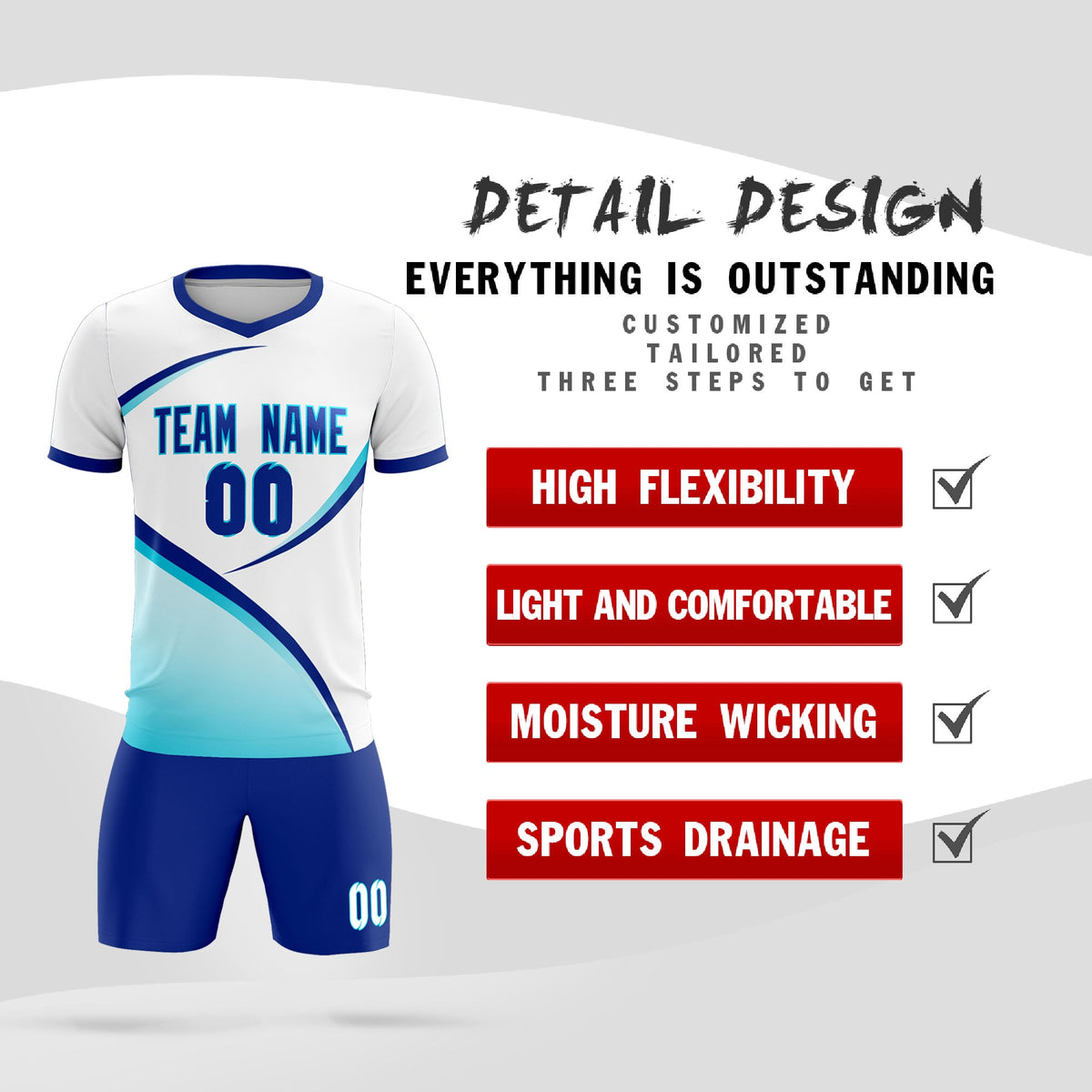 Custom White Sky Blue Color Block Training Uniform For Men Soccer Sets Jersey