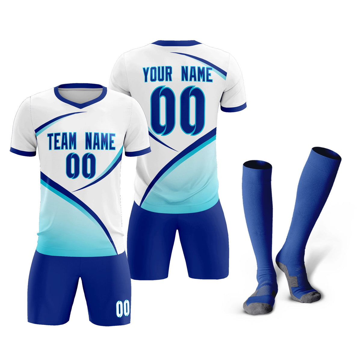 Custom White Sky Blue Color Block Training Uniform For Men Football Kits Jersey