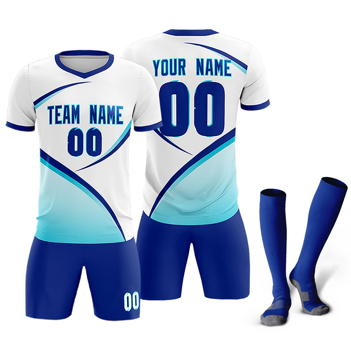 Custom White Sky Blue Color Block Training Uniform For Men Soccer Sets Jersey