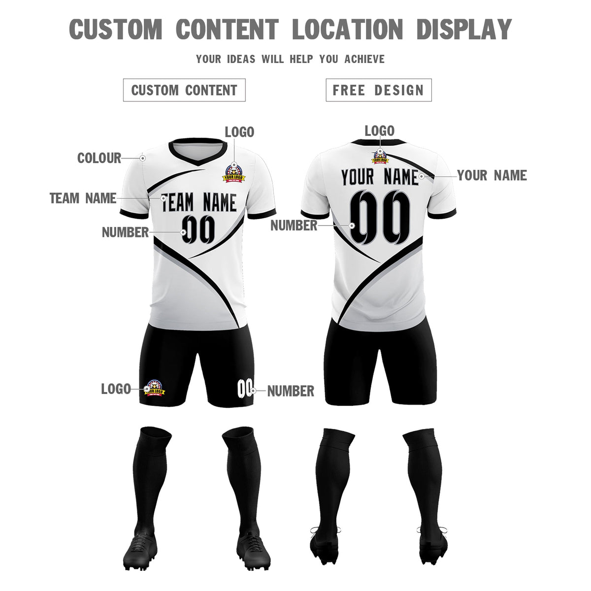 Custom White Black Color Block Training Uniform For Men Football Kits Jersey