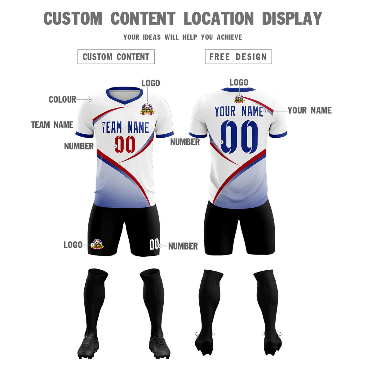Custom White Royal Color Block Training Uniform For Men Football Kits Jersey