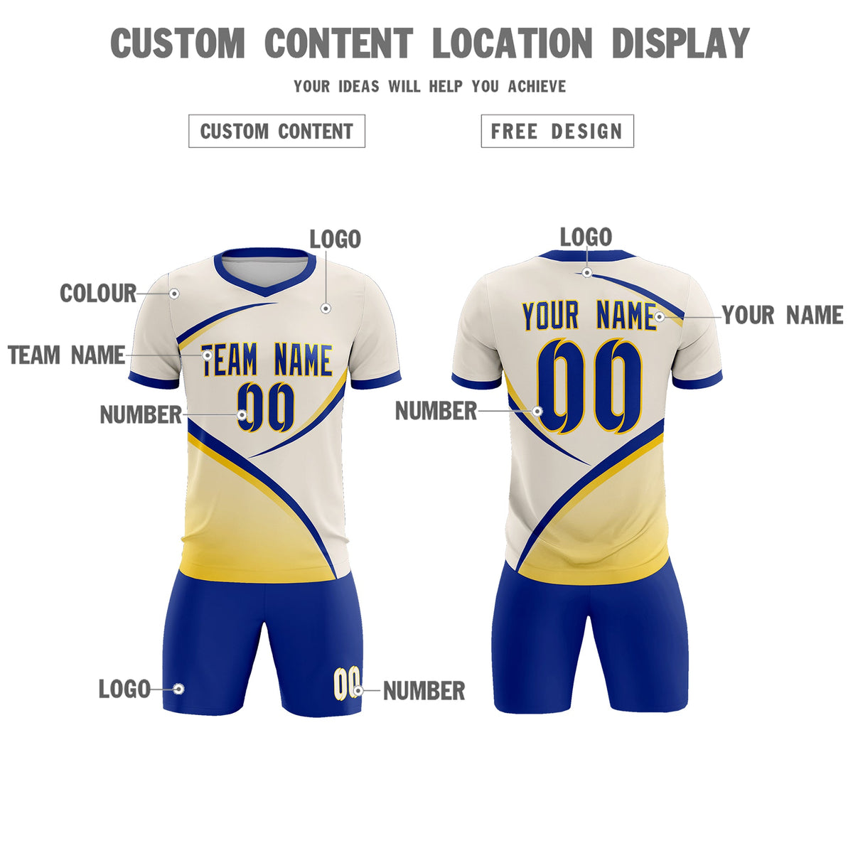 Custom Cream Royal Color Block Training Uniform For Men Football Kits Jersey